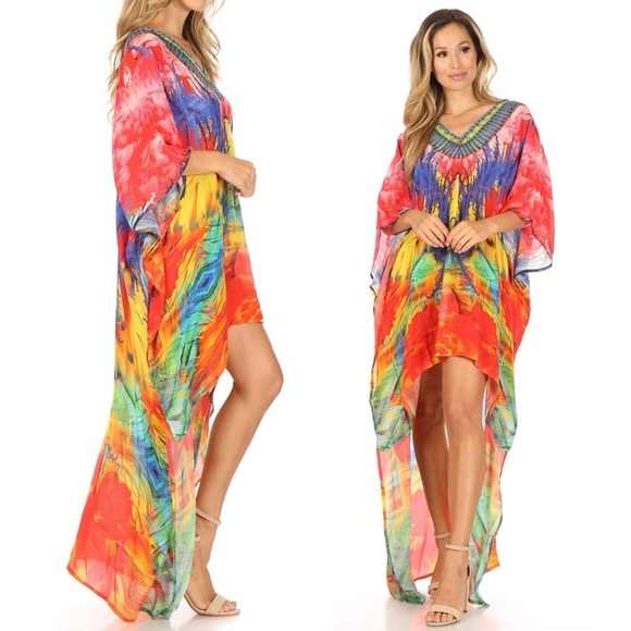 Sakkas Laisson Flowy Hi Low Caftan Rhinestone Boxy V Neck Dress Top Cover / Up - Picture 3 of 13